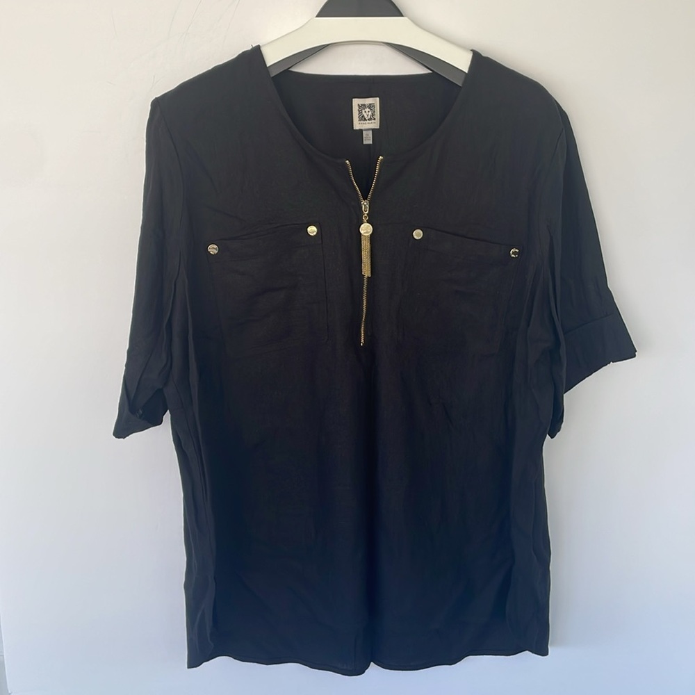 Anne Klein Black Gold Short Sleeve Top Blouse Zip Detail 2X Linen Viscose